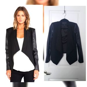 BCBGMAXAZRIA Abree Faux Leather Sleeve Open Front Drape Blazer Black S: …
